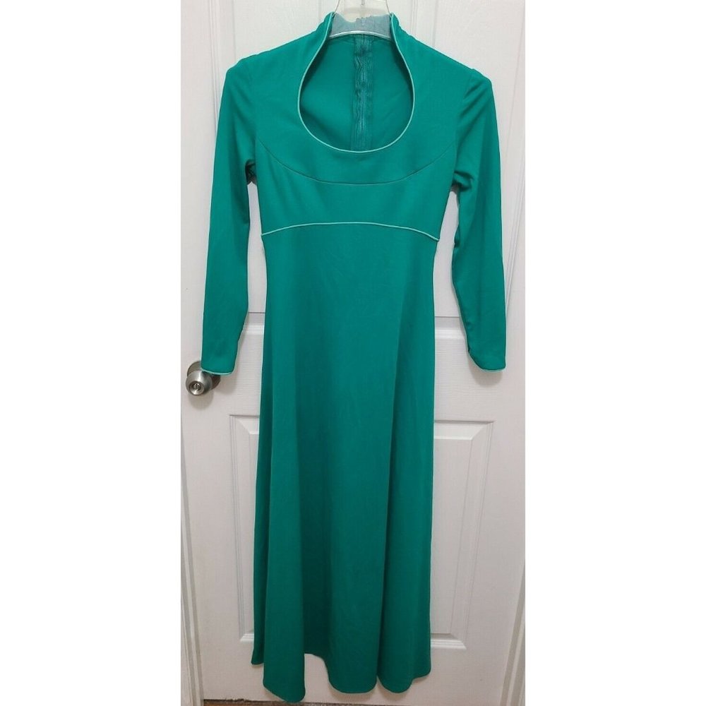 60/70s House of Bianchi Long Sleeve Formal Dress U-Shaped Scoop Neck Green Sz XS